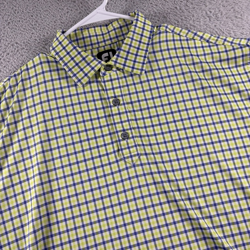 FootJoy Plaid Polo Shirt Mens XL Green Blue Wicking Performance Golf High Vis